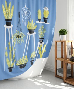 Blue Cactus Lover Shower Curtain Plant Print for Plant Bathroom Decor