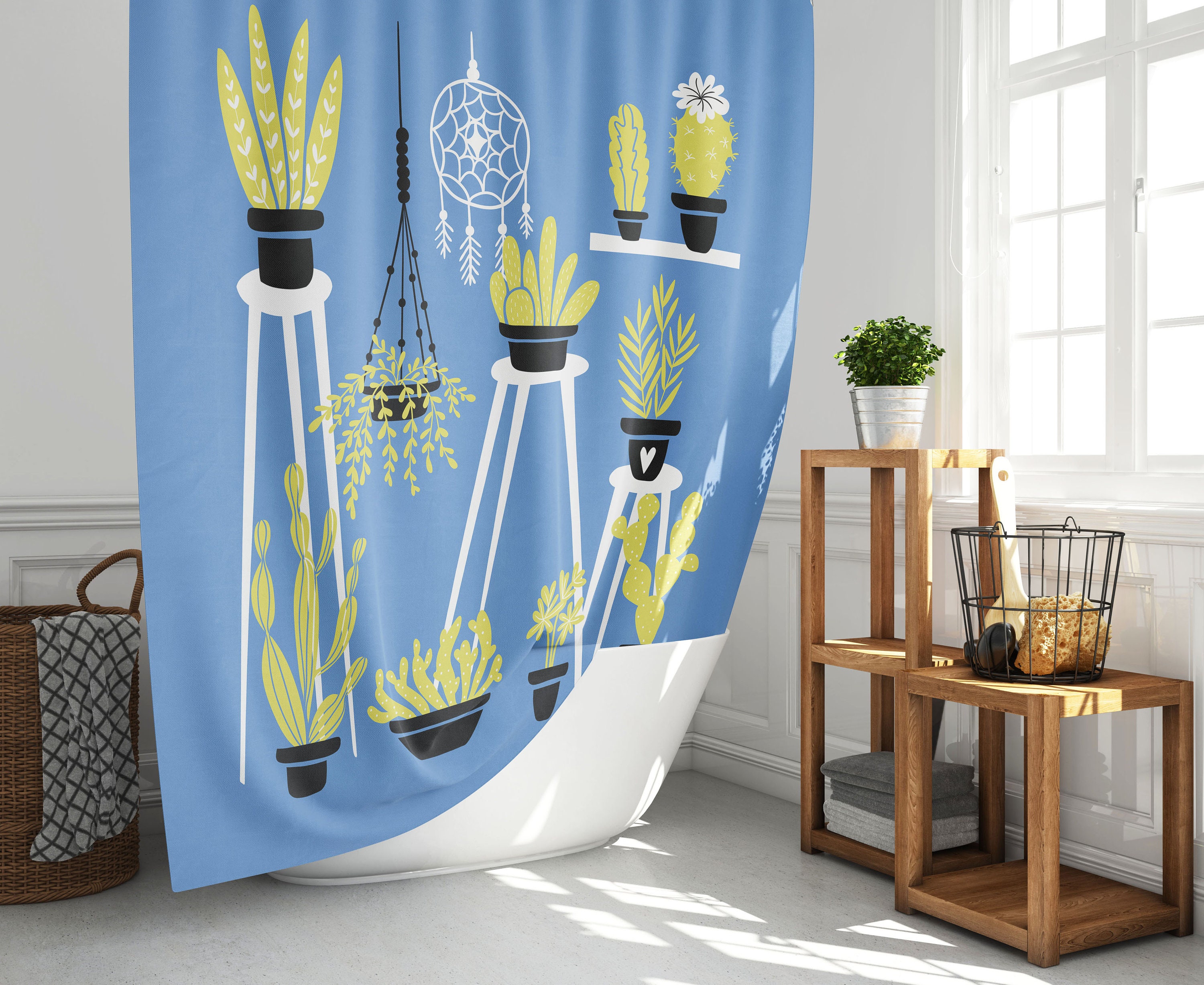 Blue Cactus Lover Shower Curtain Plant Print for Plant Bathroom Decor