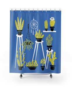 Blue Cactus Lover Shower Curtain Plant Print for Plant Bathroom Decor
