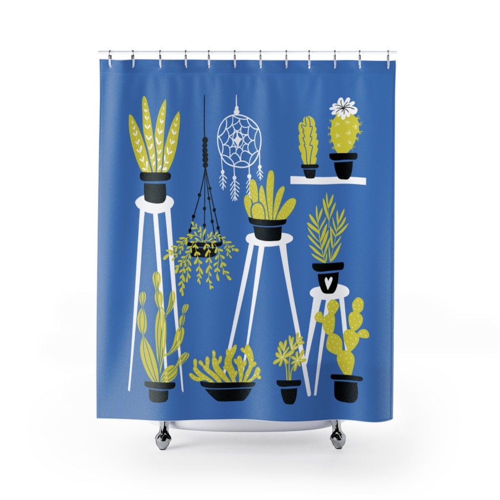 Blue Cactus Lover Shower Curtain Plant Print for Plant Bathroom Decor