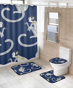 Blue Chinoiserie Style Monkey Shower Curtain for Colorful and Waterproof Bathroom Decor