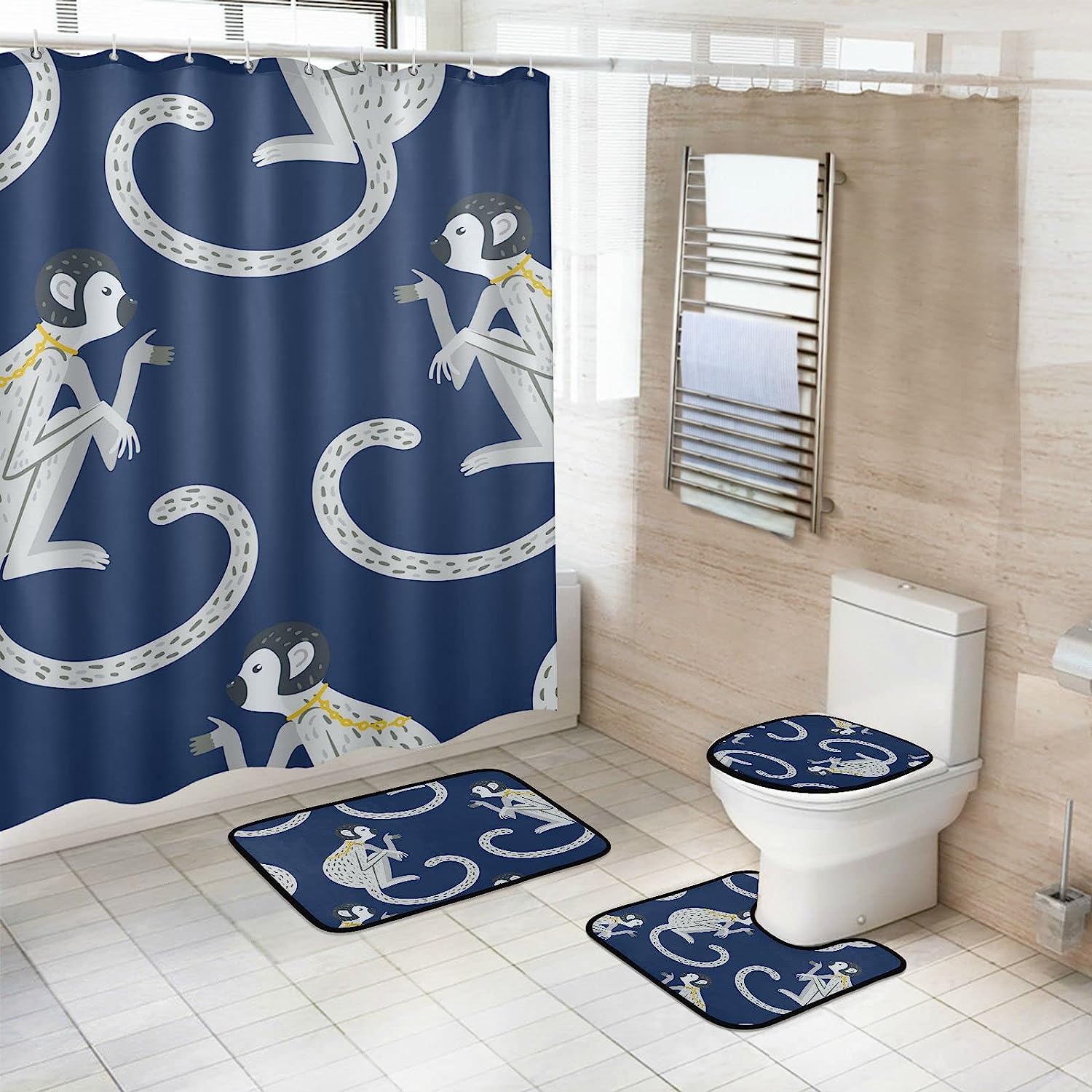 Blue Chinoiserie Style Monkey Shower Curtain for Colorful and Waterproof Bathroom Decor