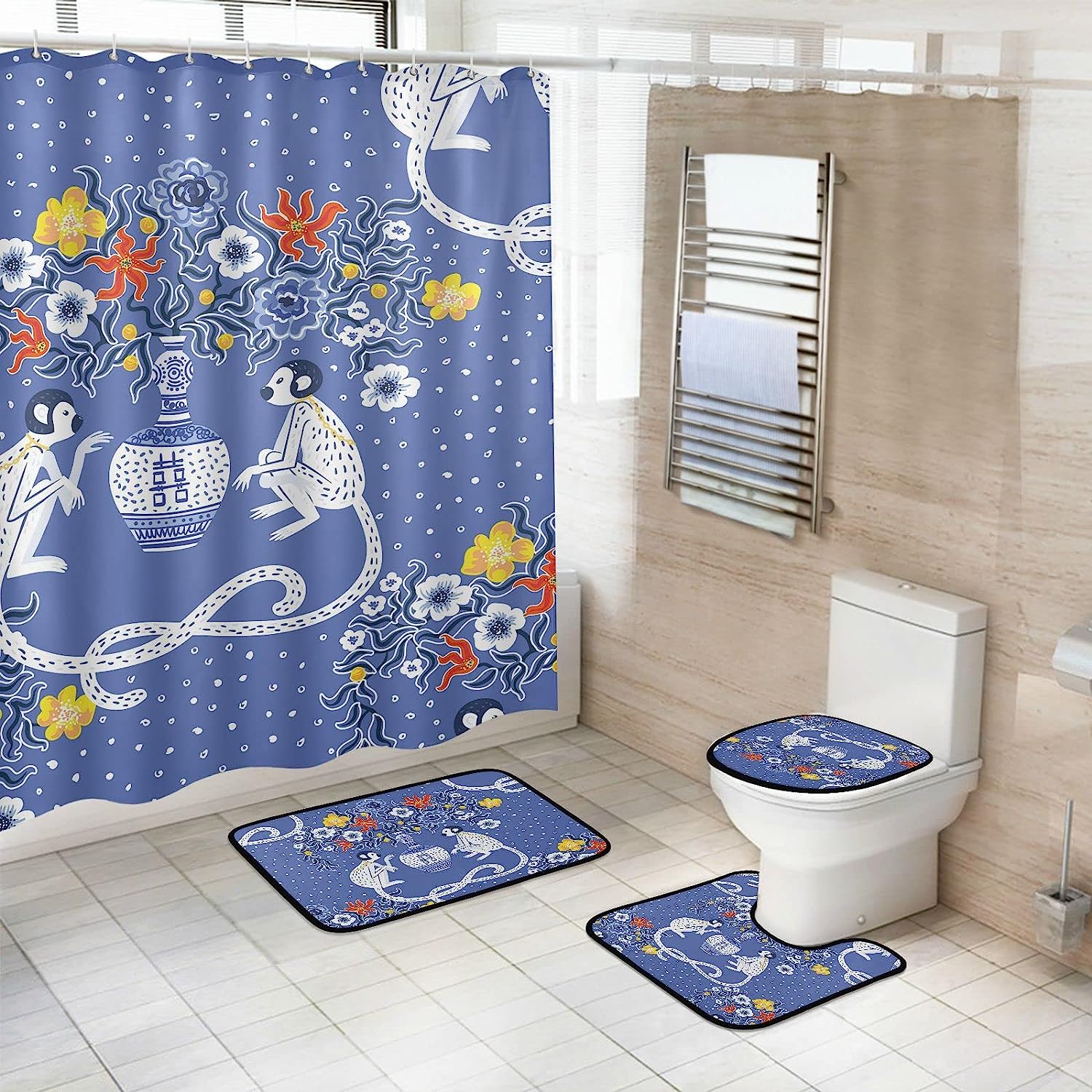 Blue Chinoiserie Style Vintage Monkeys Print Shower Curtain, Add a Touch of Elegance to Your Bathroom