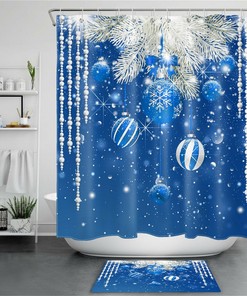 Blue Christmas Balls And Snowflakes Print Shower Curtain For Festive Bathroom Decor