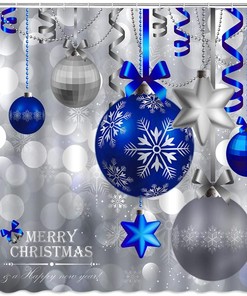 Blue Christmas Balls Shower Curtain, Fantasy Snowflake Winter Holiday Xmas Background Fabric - Edomgnih