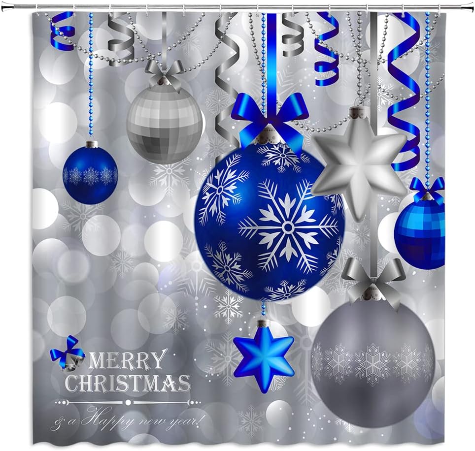 Blue Christmas Balls Shower Curtain, Fantasy Snowflake Winter Holiday Xmas Background Fabric - Edomgnih
