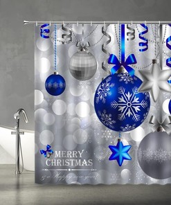 Blue Christmas Balls Shower Curtain, Fantasy Snowflake Winter Holiday Xmas Background Fabric - Edomgnih