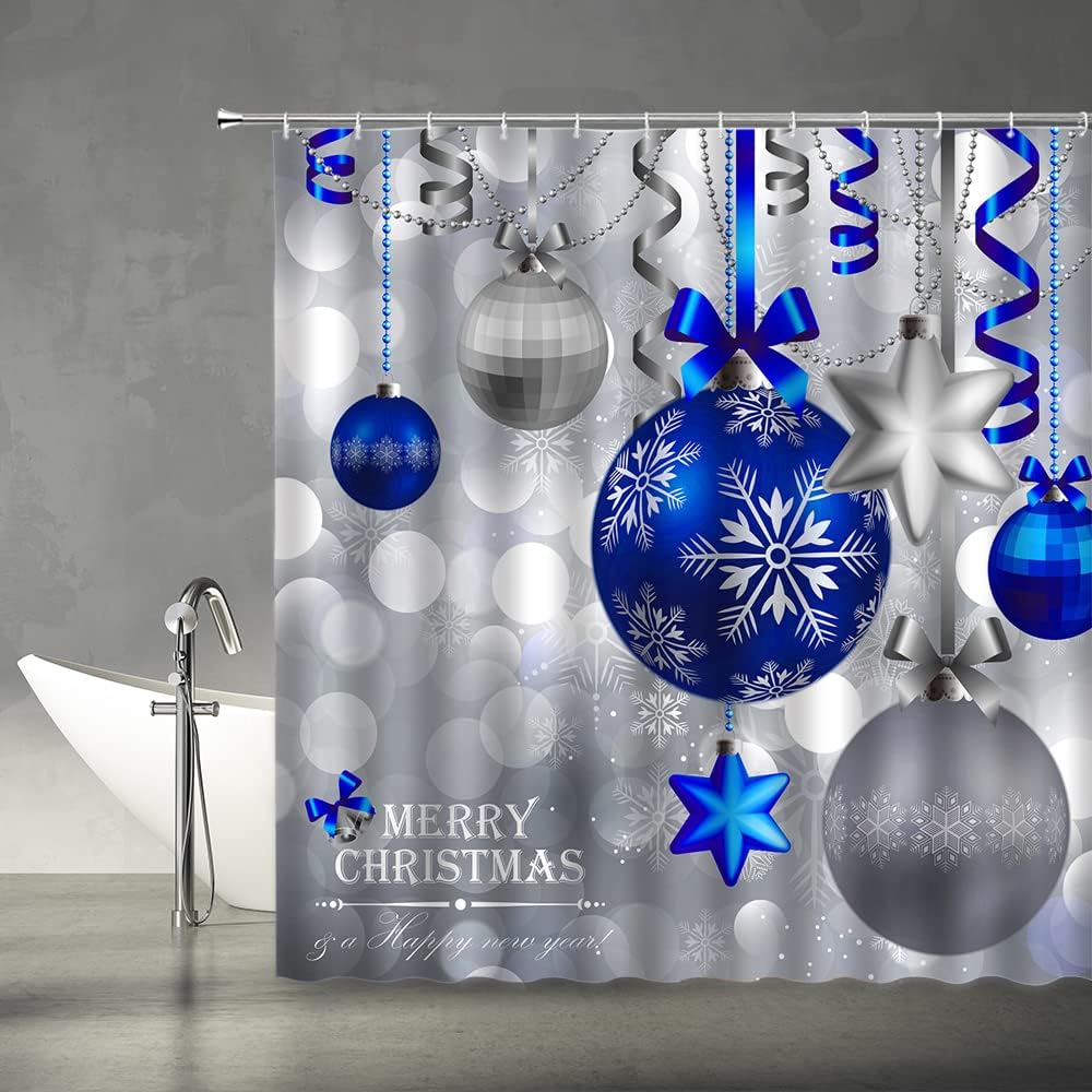 Blue Christmas Balls Shower Curtain, Fantasy Snowflake Winter Holiday Xmas Background Fabric - Edomgnih