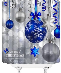 Blue Christmas Balls Shower Curtain, Fantasy Snowflake Winter Holiday Xmas Background Fabric - Edomgnih
