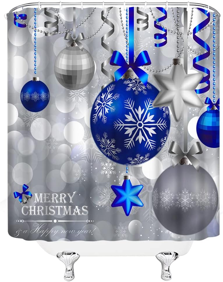 Blue Christmas Balls Shower Curtain, Fantasy Snowflake Winter Holiday Xmas Background Fabric - Edomgnih
