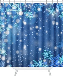 Blue Christmas Night Sky and Falling Snow Shower Curtain Abstract Snowflake Background Bathroom Decor Waterproof Fabric