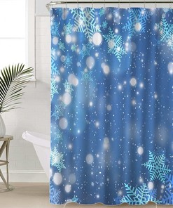 Blue Christmas Night Sky and Falling Snow Shower Curtain Abstract Snowflake Background Bathroom Decor Waterproof Fabric