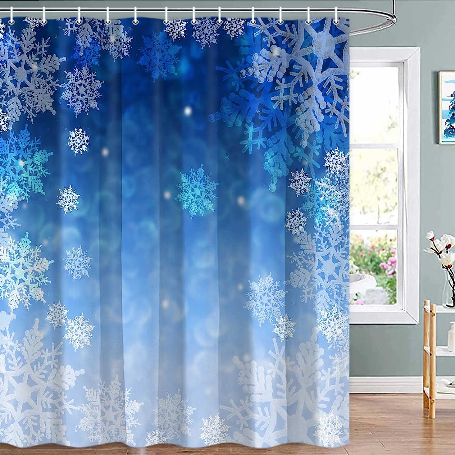 Blue Christmas Snowflake Holiday Waterproof Shower Curtain for Home Decor