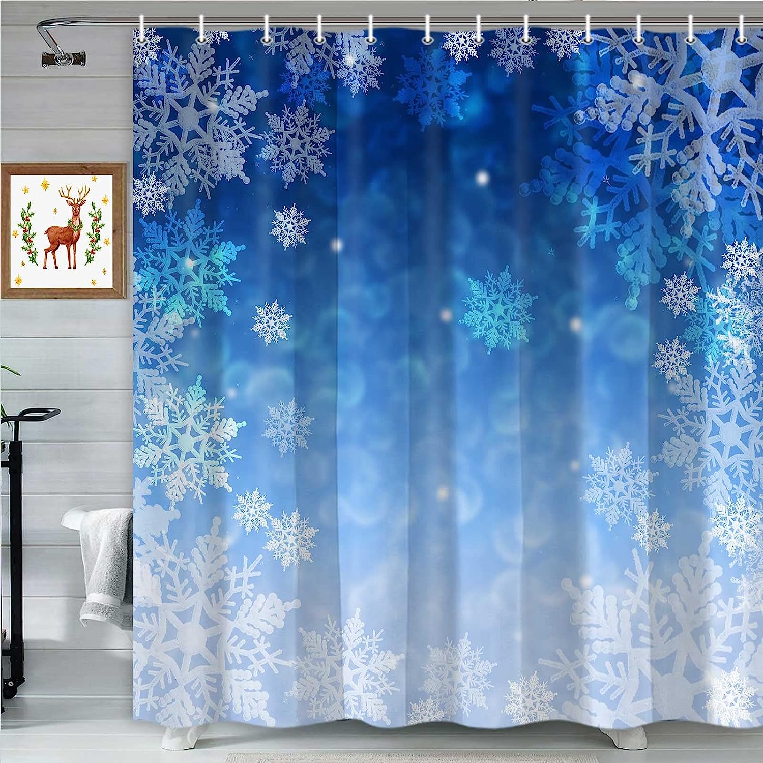 Blue Christmas Snowflake Holiday Waterproof Shower Curtain for Home Decor