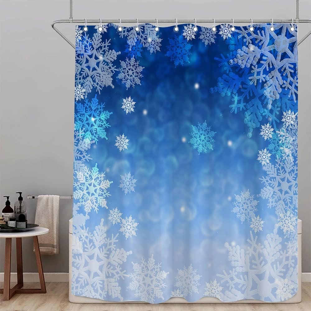 Blue Christmas Snowflake Holiday Waterproof Shower Curtain for Home Decor