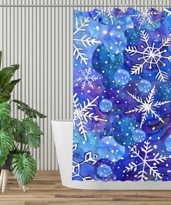 Blue Christmas Snowflake in White Shower Curtain for Rustic Farmhouse Bathroom Decor Fabric