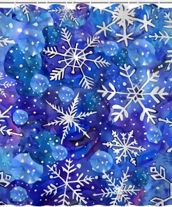 Blue Christmas Snowflake in White Shower Curtain for Rustic Farmhouse Bathroom Decor Fabric