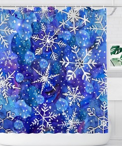 Blue Christmas Snowflake in White Shower Curtain for Rustic Farmhouse Bathroom Decor Fabric