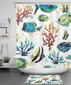 Blue Coral Underwater Tropical Fish Ocean Print Shower Curtain for Bathroom