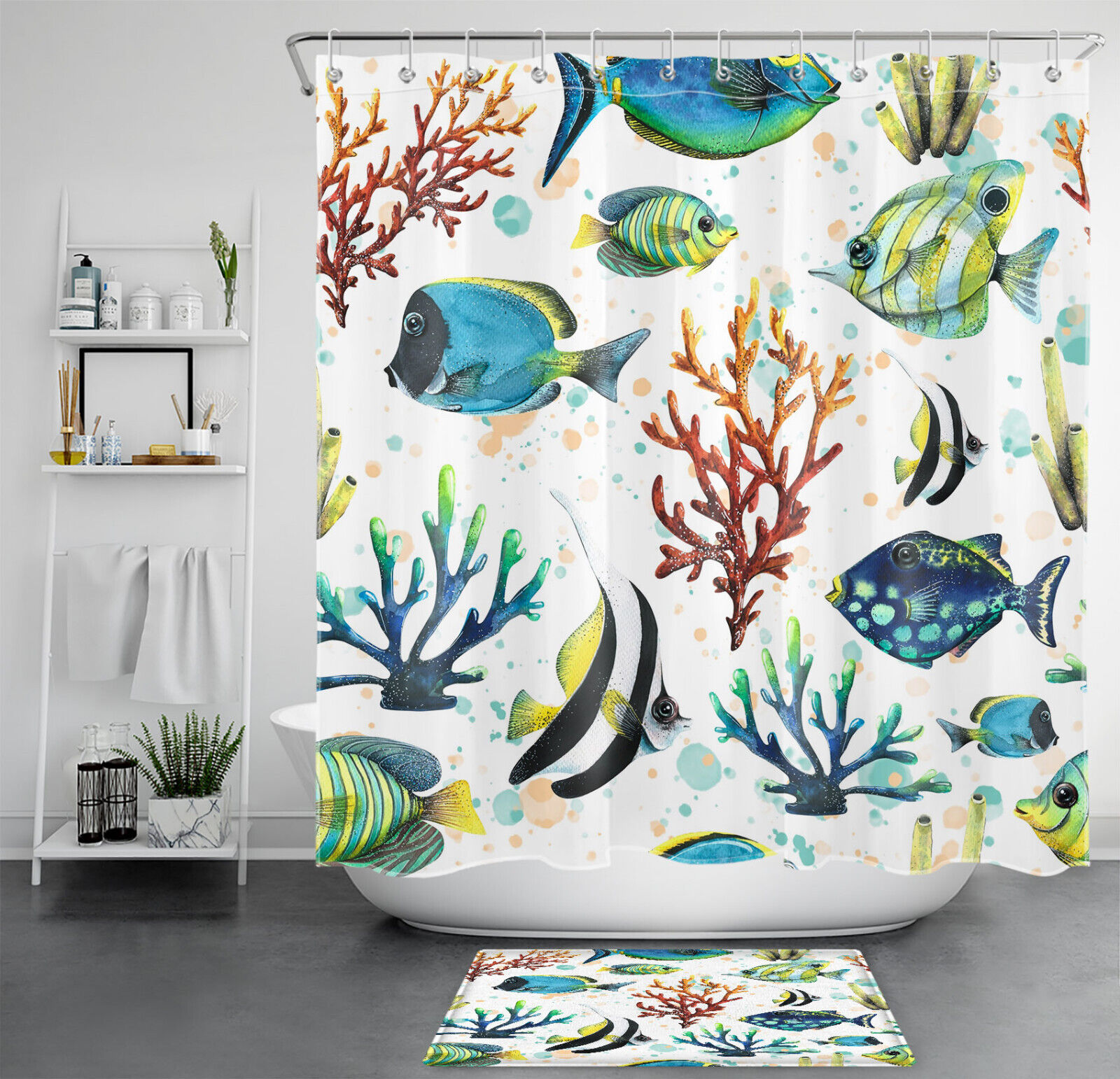 Blue Coral Underwater Tropical Fish Ocean Print Shower Curtain for Bathroom