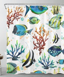 Blue Coral Underwater Tropical Fish Ocean Print Shower Curtain for Bathroom