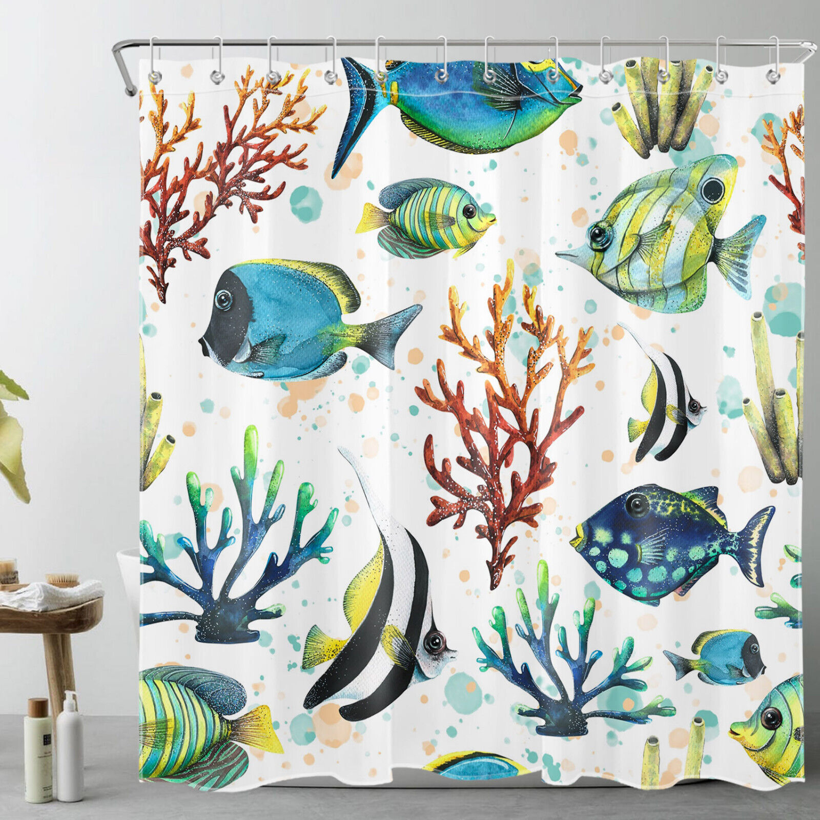 Blue Coral Underwater Tropical Fish Ocean Print Shower Curtain for Bathroom