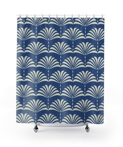 Blue & Cream Abstract Fan Pattern Art Deco Shower Curtain - Vintage Bathroom Accessory