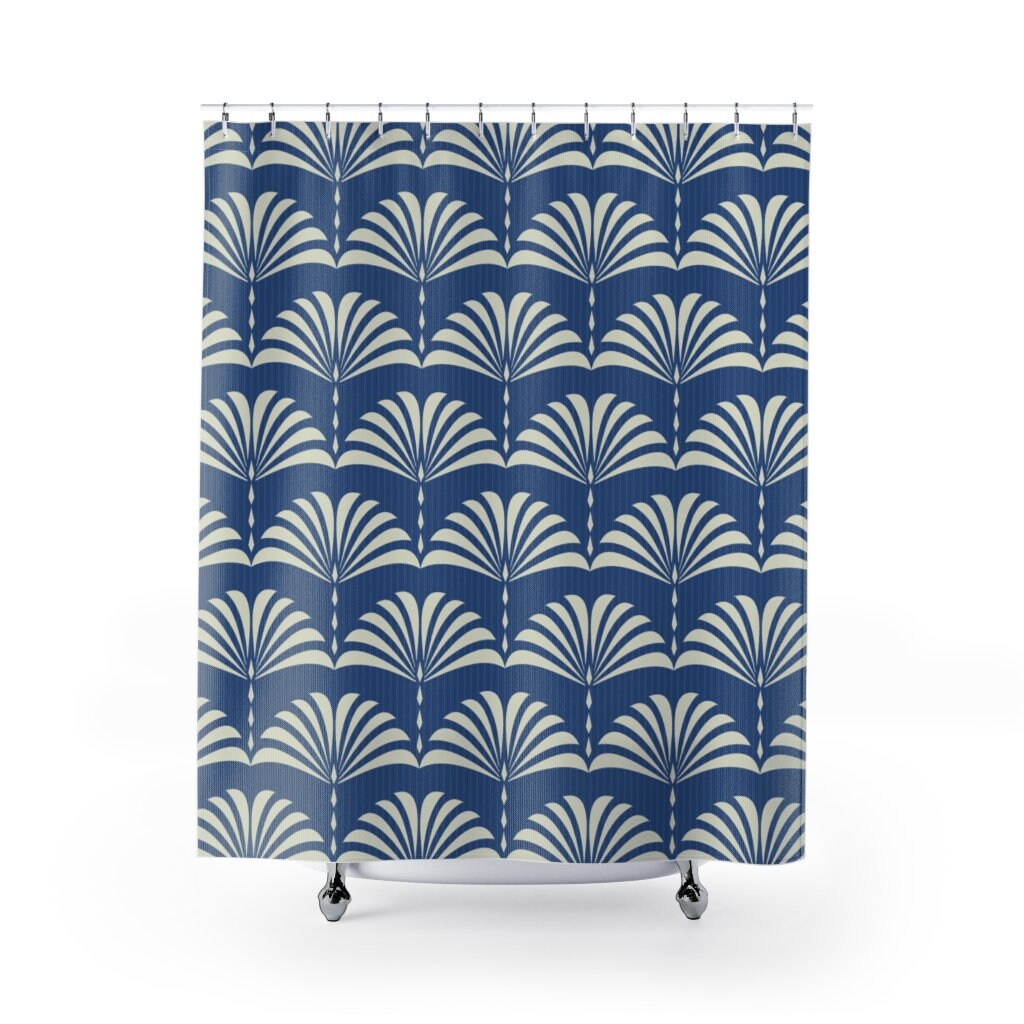 Blue & Cream Abstract Fan Pattern Art Deco Shower Curtain - Vintage Bathroom Accessory