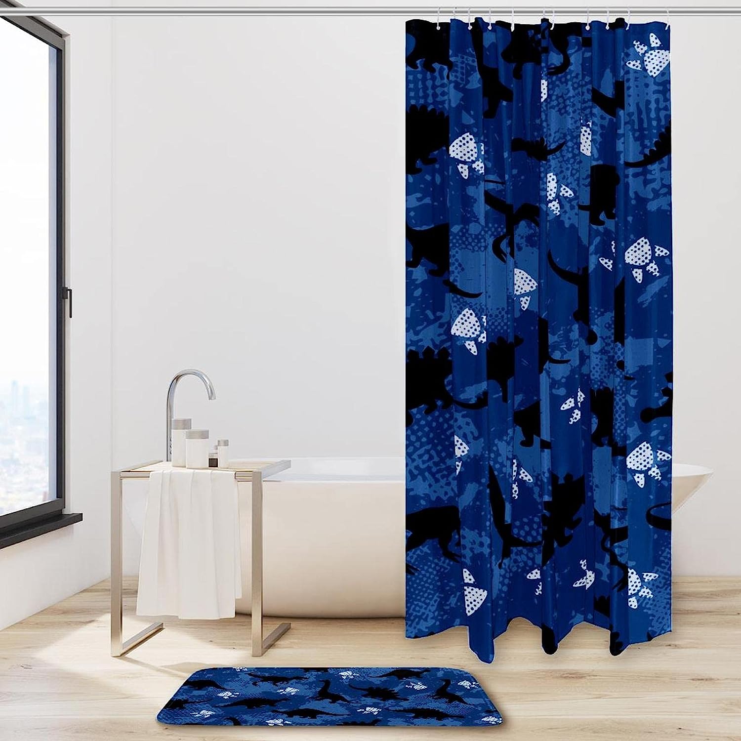 Blue Dinosaur Footprint Shower Curtain With Waterproof Fabric For A Refreshing And Relaxing Bathroom - Image 2