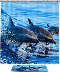 Blue Dolphin Beach Shower Curtain, Waterproof Fabric For Marine Life Bathroom Decor