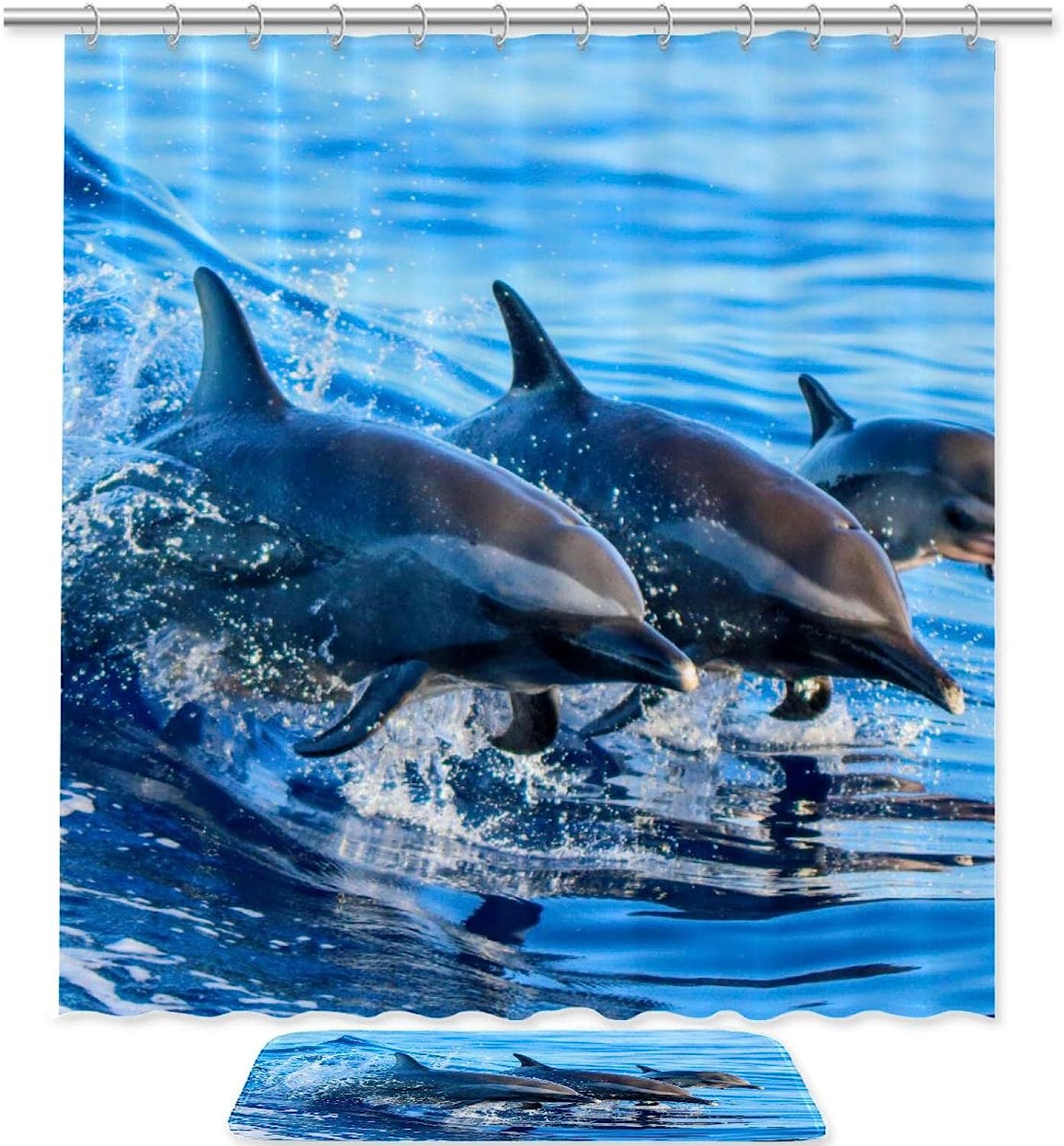 Blue Dolphin Beach Shower Curtain, Waterproof Fabric For Marine Life Bathroom Decor