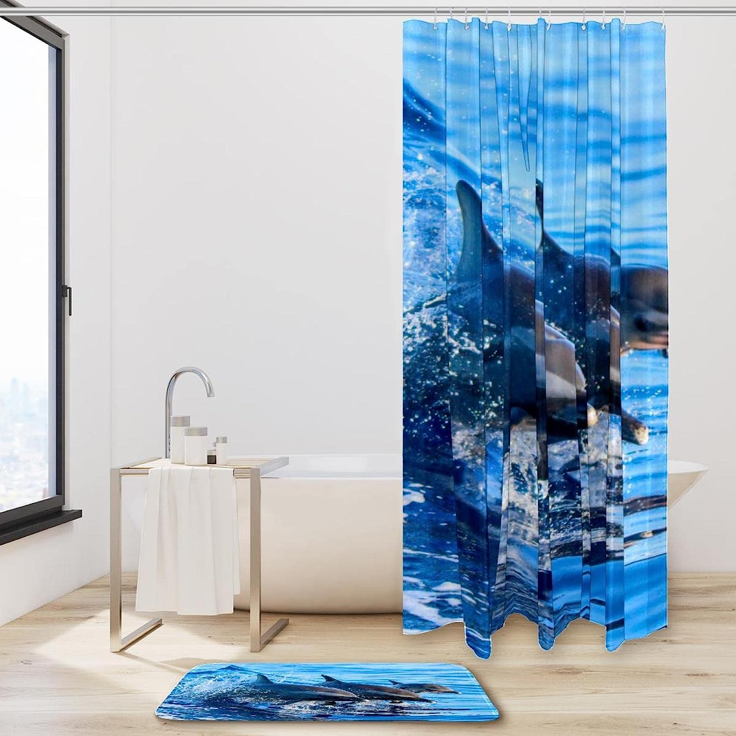 Blue Dolphin Beach Shower Curtain, Waterproof Fabric For Marine Life Bathroom Decor - Image 2