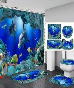Blue Dolphin Shower Curtain for Undersea World Themed Bathroom 
