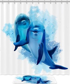 Blue Dolphins Watercolor Two Shower Curtain for Bathroom Decor 