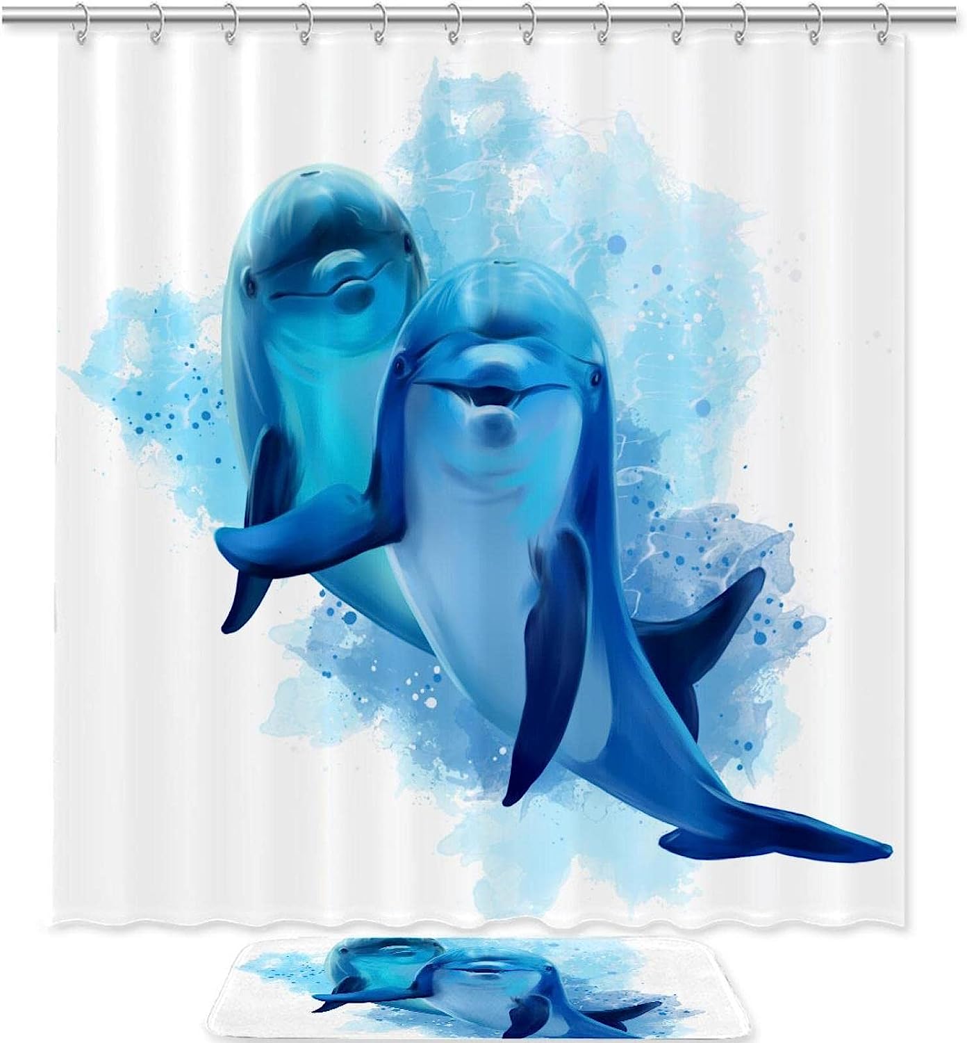 Blue Dolphins Watercolor Two Shower Curtain for Bathroom Decor