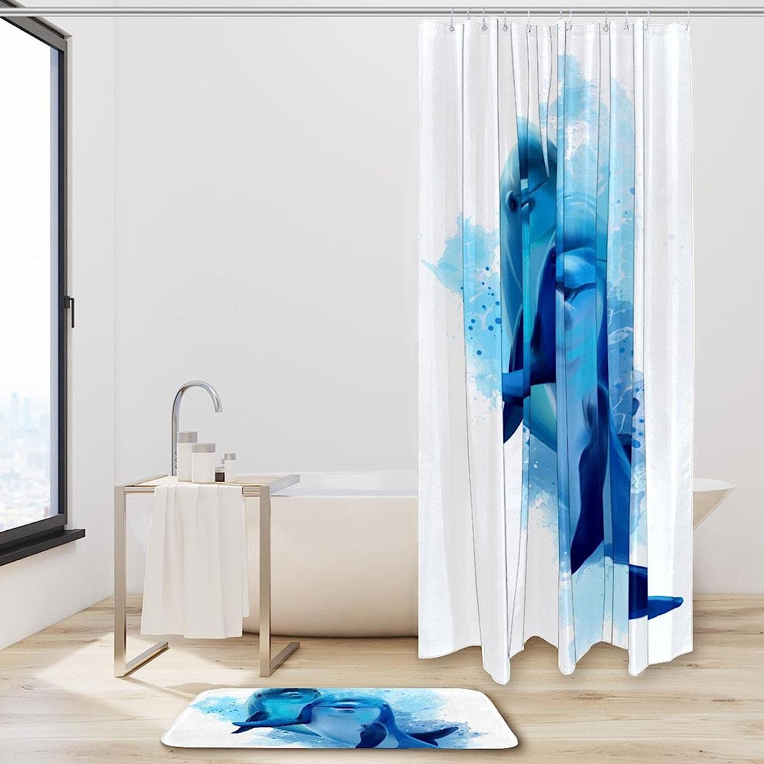 Blue Dolphins Watercolor Two Shower Curtain for Bathroom Decor