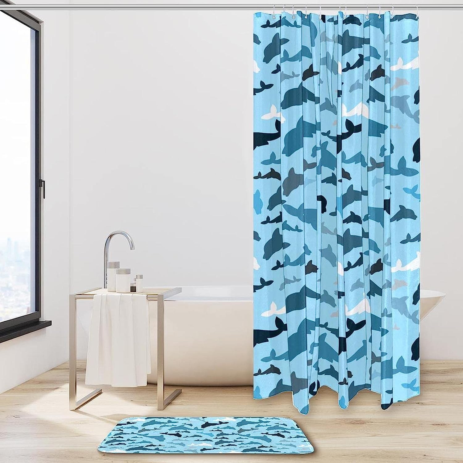 Blue Dolphins Waterproof Shower Curtain - Ocean-Themed Bathroom Decor