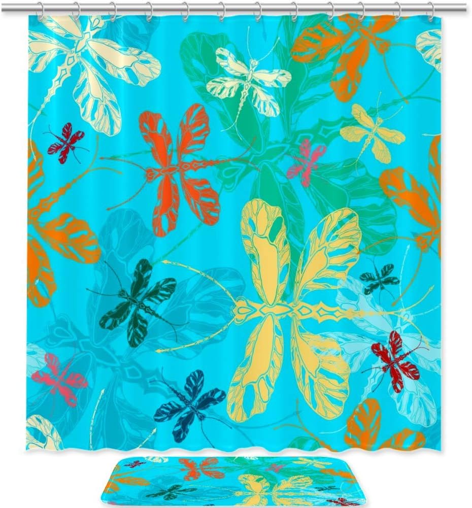 Blue Dragonfly Shower Curtain Bath Mat Durable Waterproof Bathroom Decor