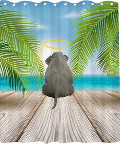 Blue Elephant Shower Curtain - Cute Elephant on Board with Palm Leaves - Waterproof Washable Bathroom Decor