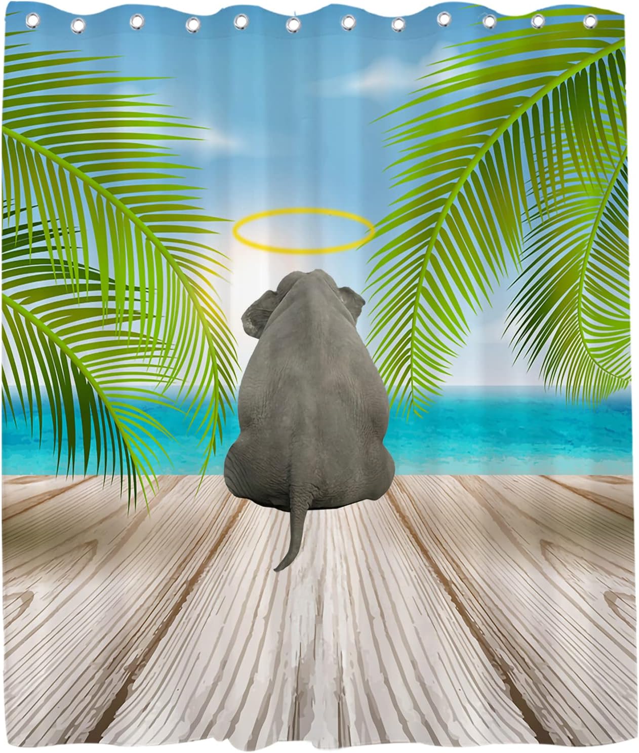 Blue Elephant Shower Curtain - Cute Elephant on Board with Palm Leaves - Waterproof Washable Bathroom Decor