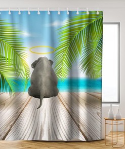 Blue Elephant Shower Curtain - Cute Elephant on Board with Palm Leaves - Waterproof Washable Bathroom Decor