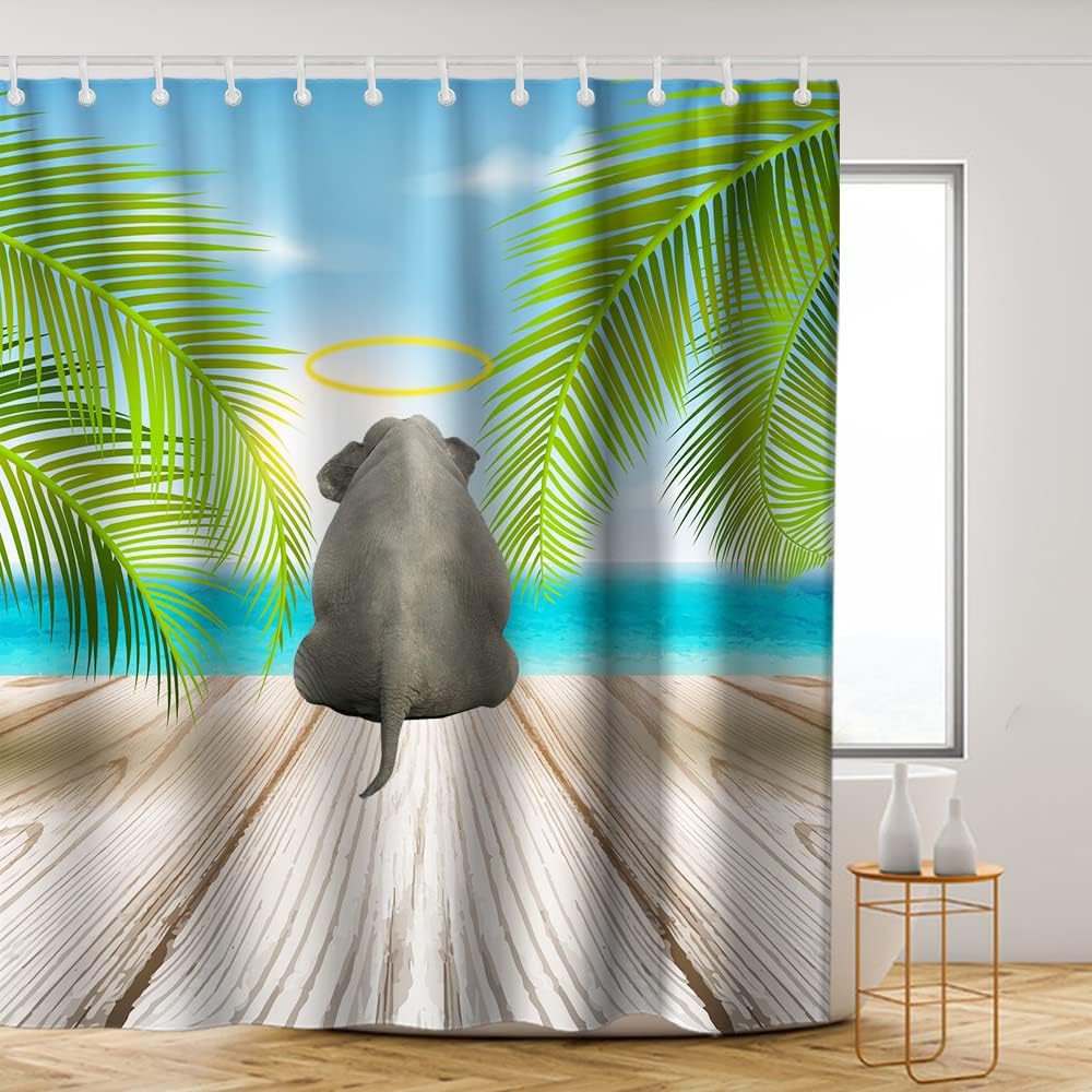 Blue Elephant Shower Curtain - Cute Elephant on Board with Palm Leaves - Waterproof Washable Bathroom Decor