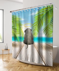 Blue Elephant Shower Curtain - Cute Elephant on Board with Palm Leaves - Waterproof Washable Bathroom Decor
