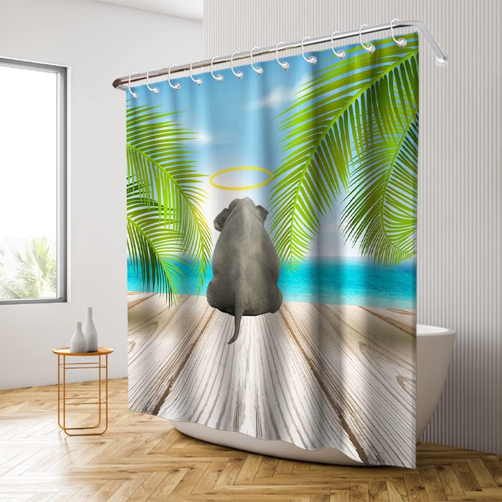 Blue Elephant Shower Curtain - Cute Elephant on Board with Palm Leaves - Waterproof Washable Bathroom Decor