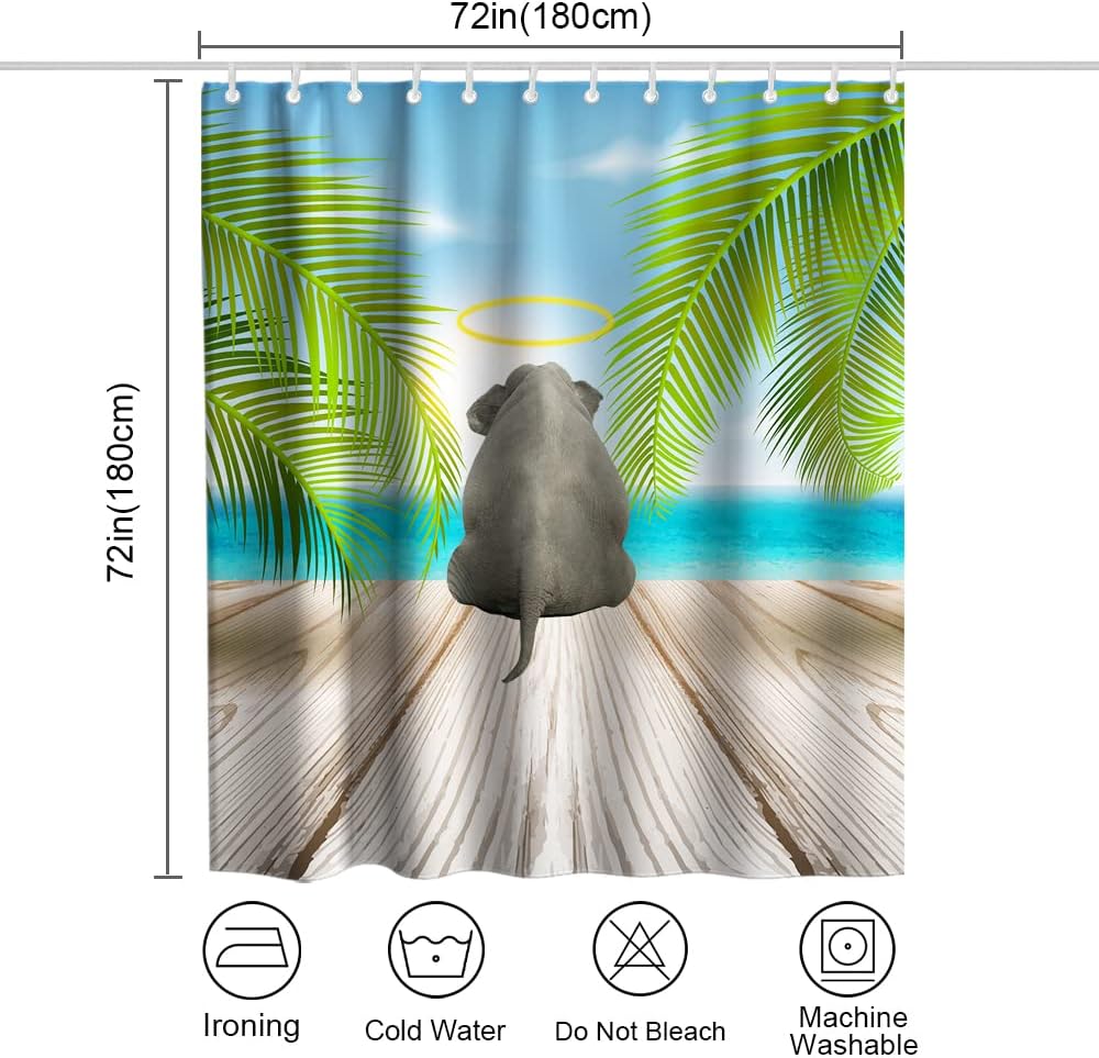 Blue Elephant Shower Curtain - Cute Elephant on Board with Palm Leaves - Waterproof Washable Bathroom Decor