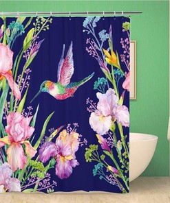Blue Fabrics Watercolor Shower Curtain With Green Irises Flowers