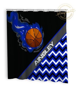 Blue Flames Basketball Shower Curtain - Sports Gifts For Kids Customized Fabric #279