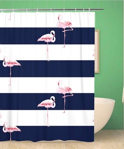Blue Flamingo And Navy Stripes Shower Curtain With Elegance