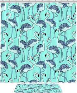 Blue Flamingo Patterns Shower Curtain, Waterproof Fabric Bathroom Decor