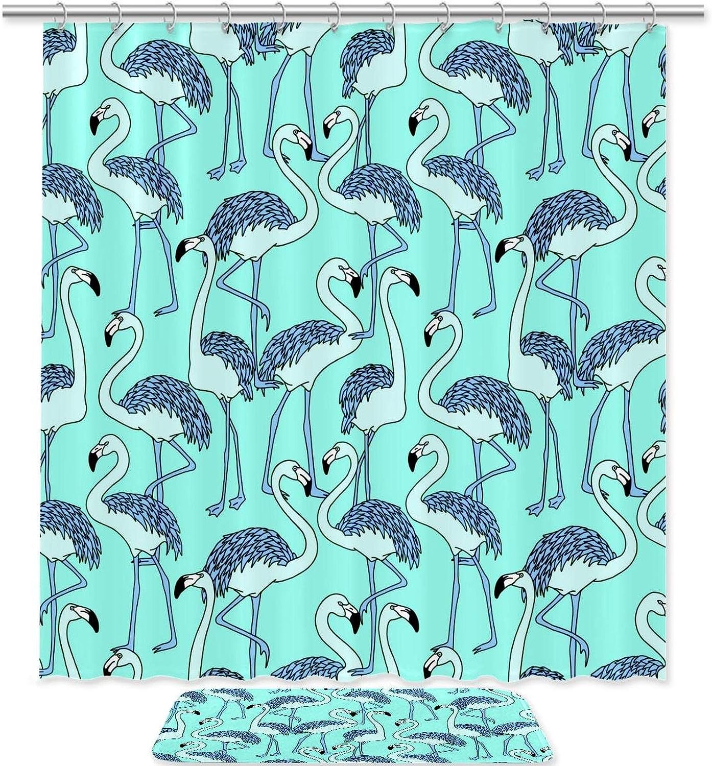 Blue Flamingo Patterns Shower Curtain, Waterproof Fabric Bathroom Decor